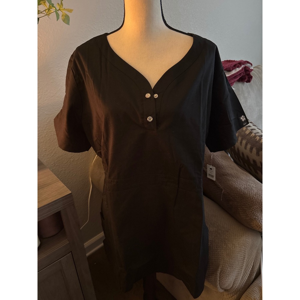 Koi Justine Black Scrub Top Henley Snap Neck Floral Lining Womens 2X NWT
